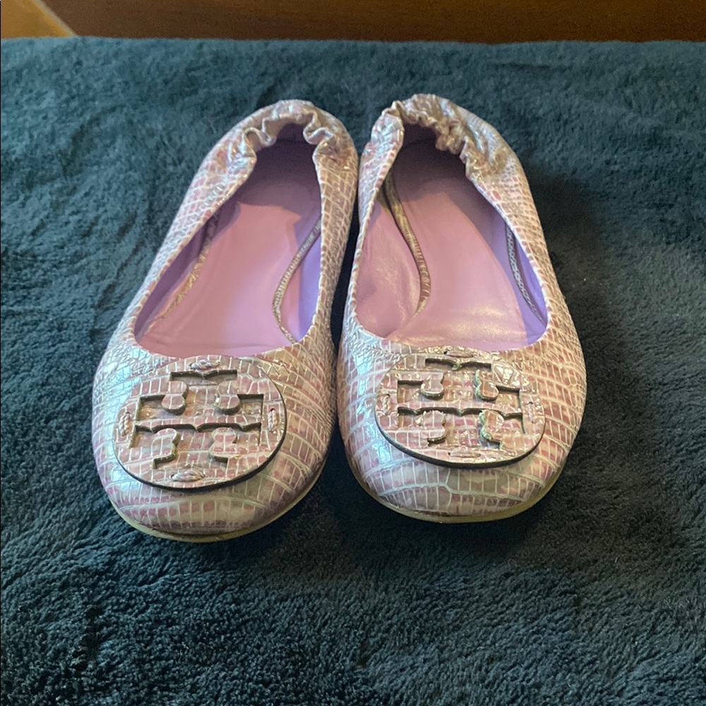 Tory Burch Pink and Purple Flats with Decorative Emblem
